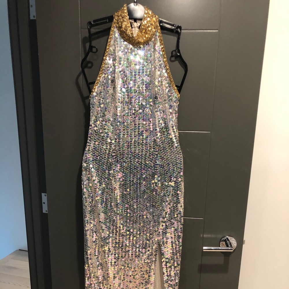 Gold collar silver sequin halter split evening